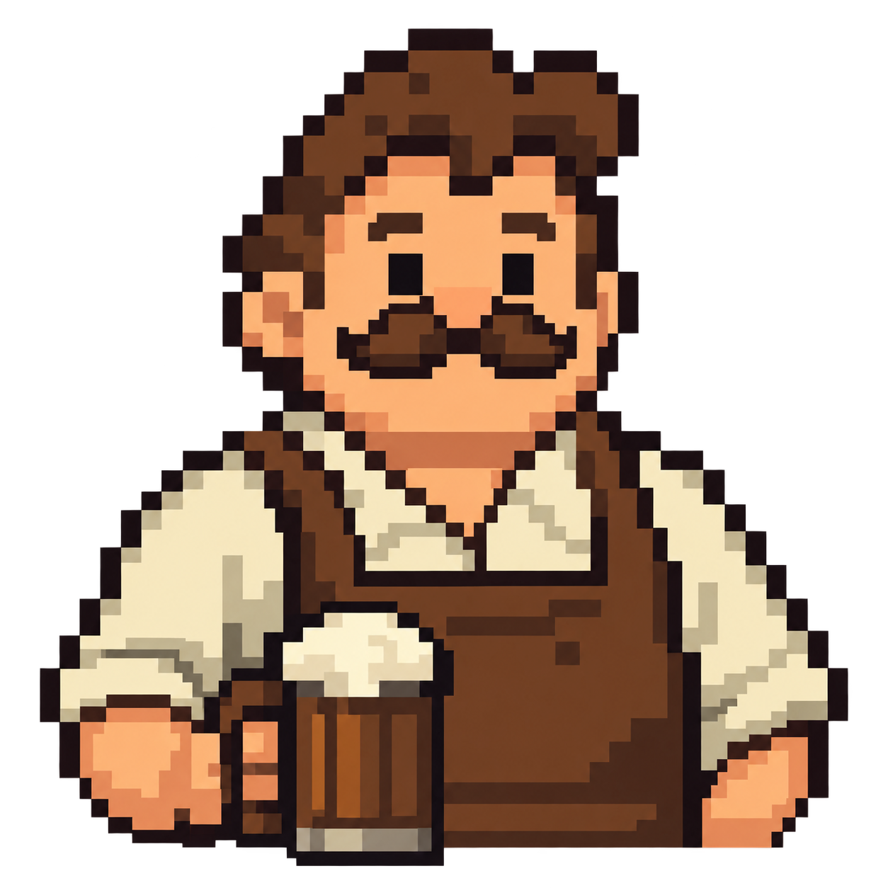 Bertram, the smiling innkeeper, holding a wooden mug.