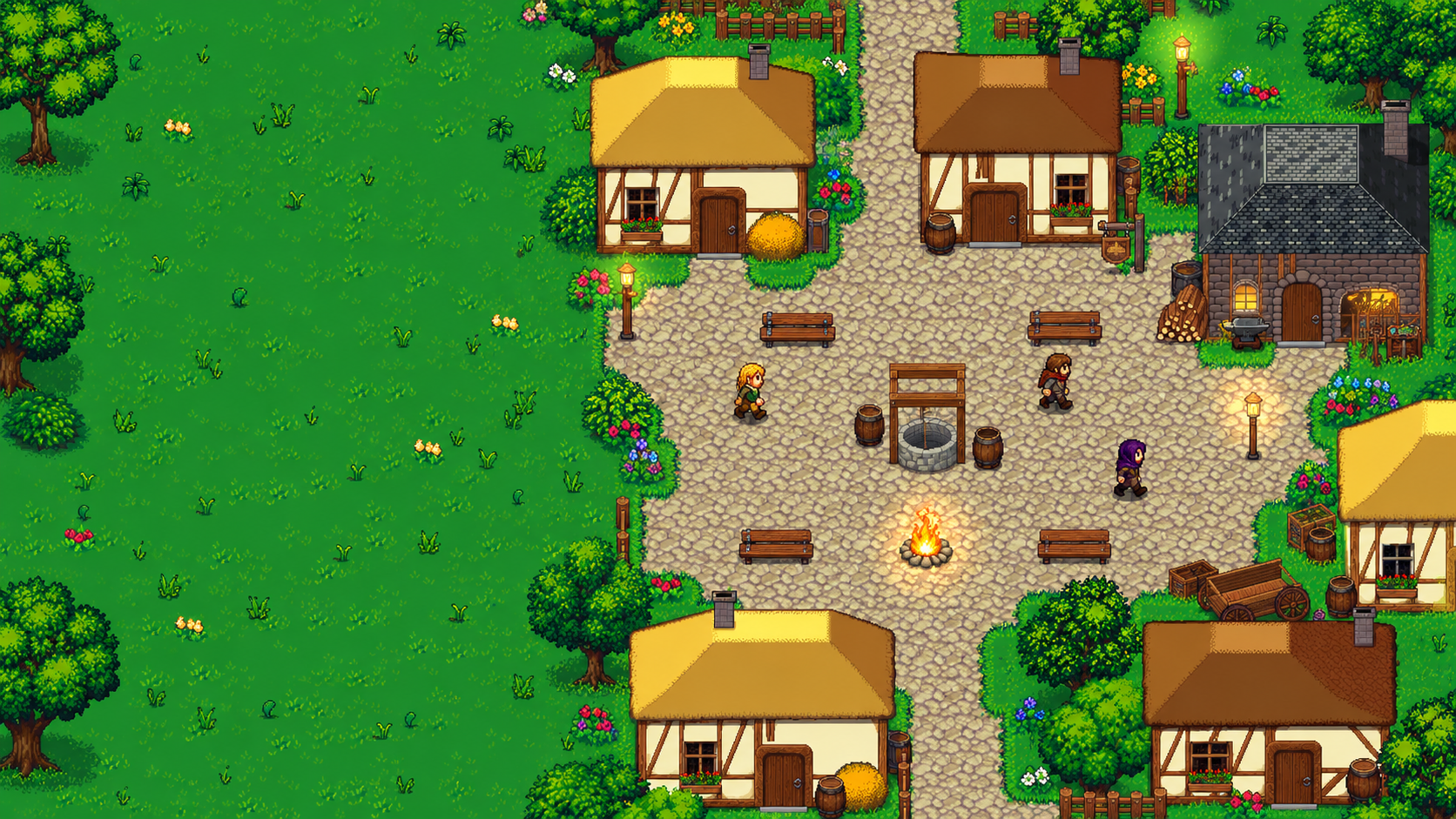 Hearthvale's cobblestone square, with thatched timber houses, the stone smithy, a well, and agents beside a campfire.